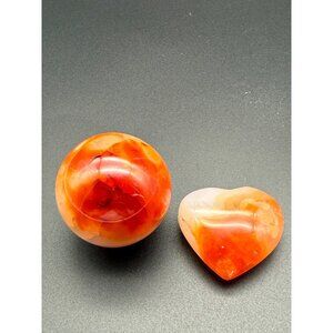 Natural Carnelian Sphere & Heart Red Stone Orb Crystal Reiki Hematite Stand